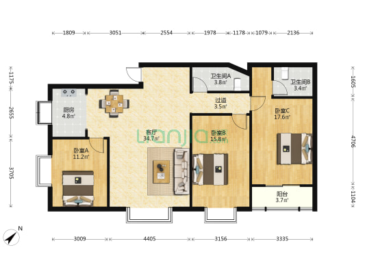 绿色家园 3室1厅2卫 114平方