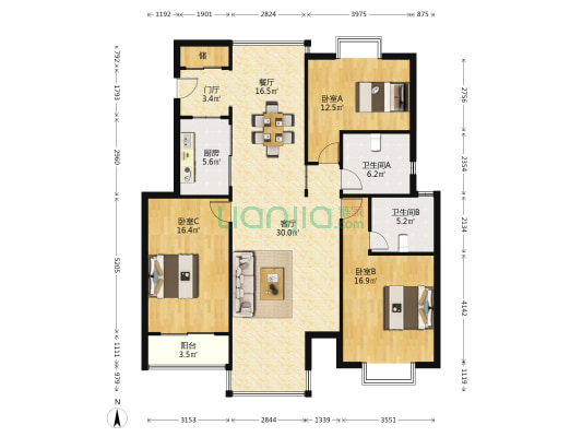 听海雅苑 3室2厅2卫 131平方