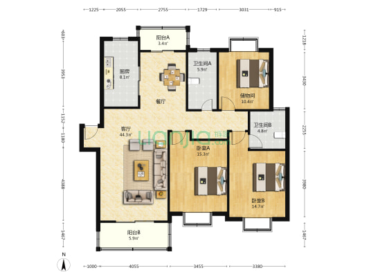 方舟休闲广场 2室1厅2卫 131平方