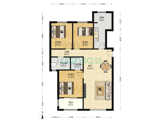 城建锦泉蓝湾 3室1厅2卫 126平方
