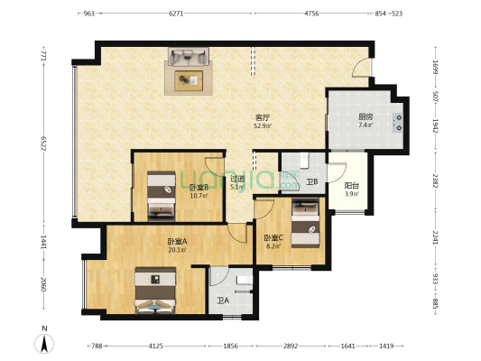 蓝花屿 3室1厅2卫 135平方