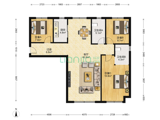 保利金香槟 3室1厅2卫 128平方