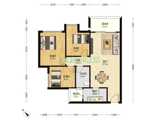 天生天城C区 3室1厅1卫 97平方