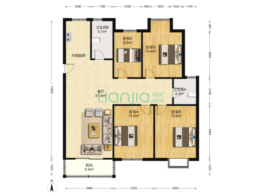山湖天香苑 4室1厅2卫 220平方