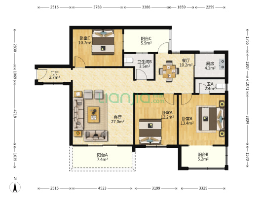 民贸花园 3室2厅2卫 127平方