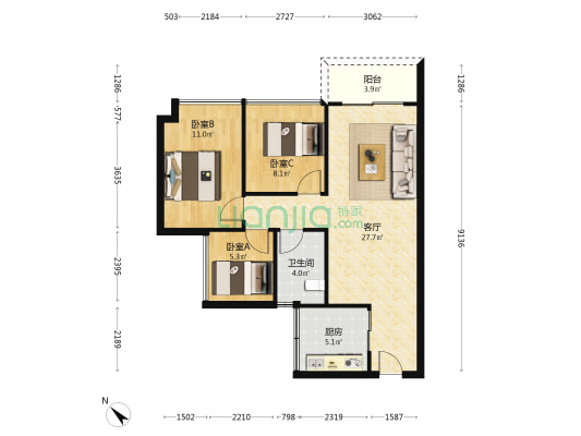 铂玥明珠ONE 3室1厅1卫 79平方