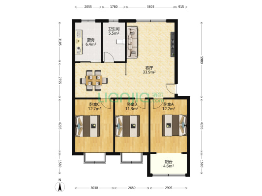 海翔嘉园 3室1厅1卫 115平方
