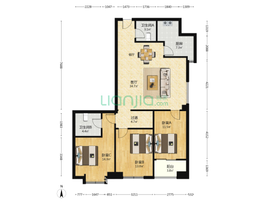 元谷 3室1厅2卫 130平方