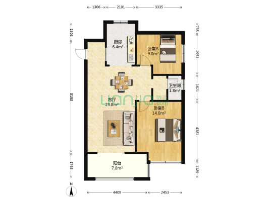 华润绿地凯旋门 2室1厅1卫 87平方