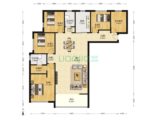 曲江汉华城 5室1厅2卫 141平方