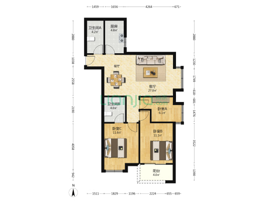 旗山花园 3室1厅2卫 90平方
