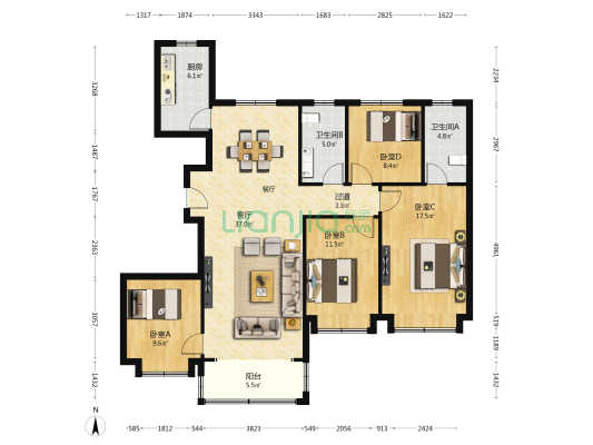合能枫丹江屿 4室1厅2卫 140平方