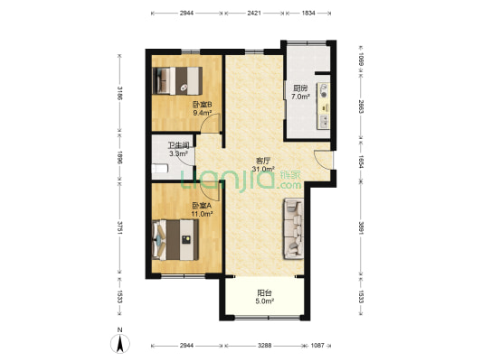 盟科万城 2室1厅1卫 103平方
