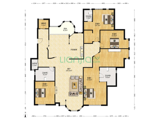 温哥华山庄南区 4室1厅4卫 266平方
