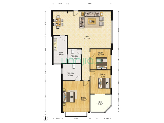 沙河新城 3室1厅2卫 153平方