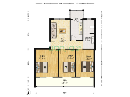 航海路86号院 3室1厅1卫 91平方