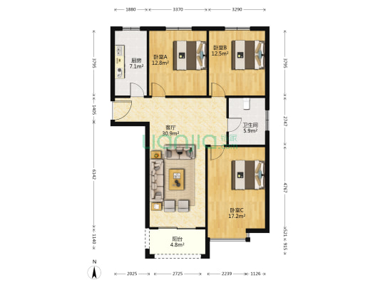 丽丰一品东区 3室1厅1卫 129平方