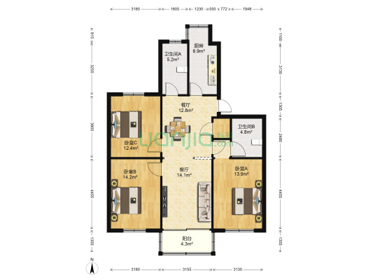 二泉花园 3室2厅2卫 119平方