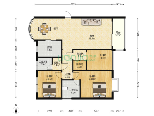 福泽苑(五华区) 3室1厅2卫 130平方