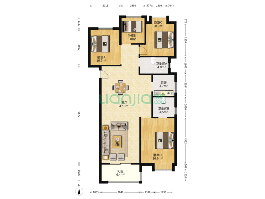 华润翡翠中心润玺 4室1厅2卫 161平方