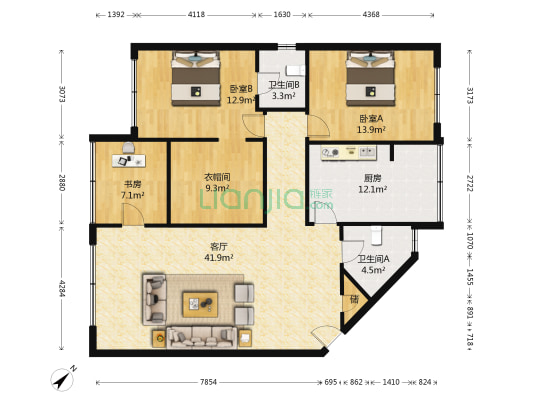 体育广场A区 3室1厅2卫 125平方