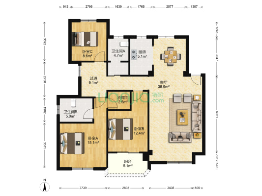 光明南郡 3室1厅2卫 122平方