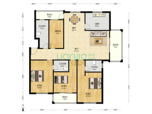 金群家园东区 3室2厅3卫 196平方