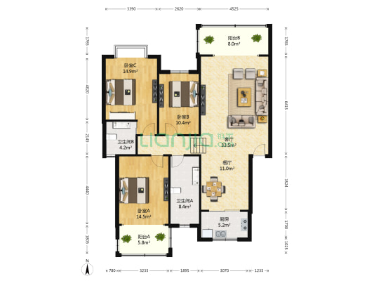 桂花苑小区 3室2厅2卫 129平方