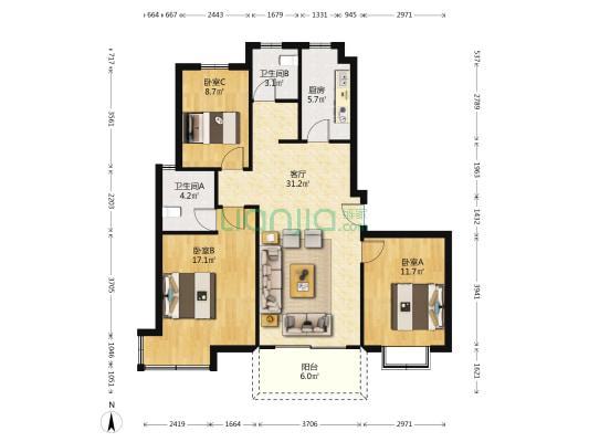 采香泾花园 3室1厅2卫 126平方