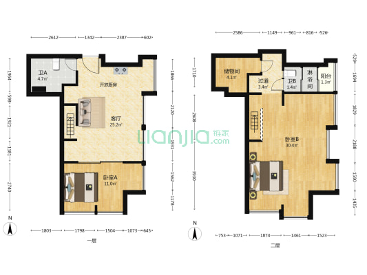 大家中心 2室1厅3卫 82平方