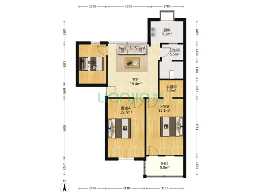 一航运宿舍 3室1厅1卫 96平方