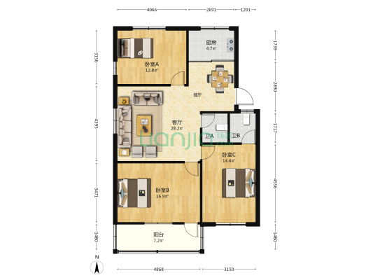 白马北路171号 3室1厅2卫 115平方