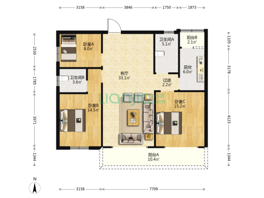 龙福鑫苑 3室1厅2卫 119平方