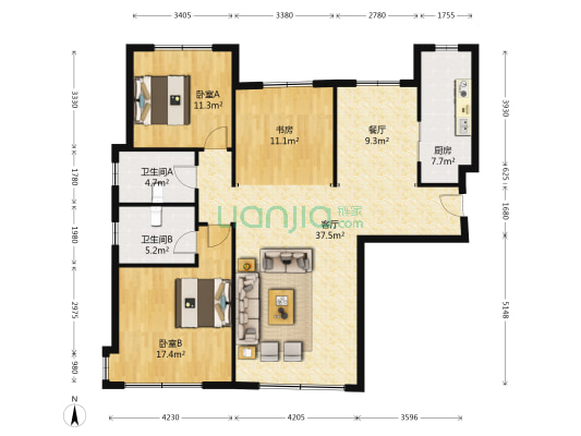 鸿坤理想湾北区 3室2厅 南 北-户型图