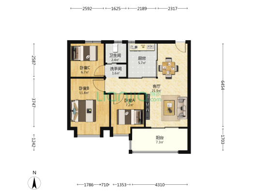 保利光合上城 3室1厅2卫 92平方