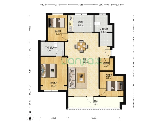 金地城E7 3室1厅2卫 107平方