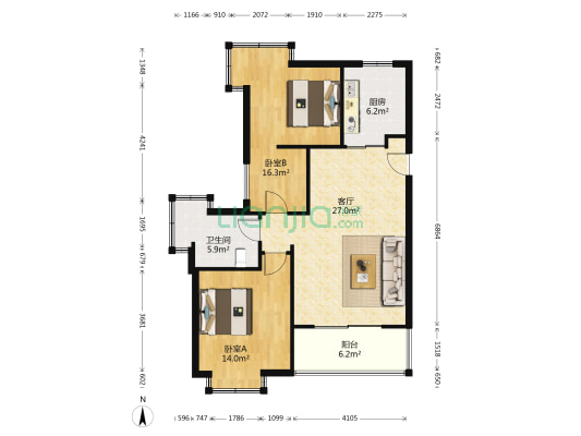 金湾国际 2室1厅1卫 87平方