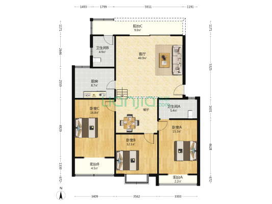 民和小区 3室1厅2卫 136平方