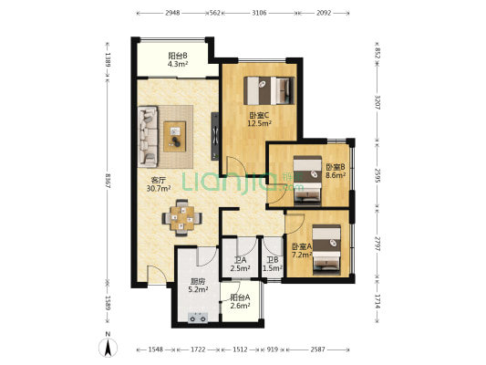 万科金域名邸二期 3室1厅2卫 84平方