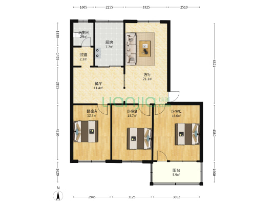日报社小区 3室2厅1卫 120平方