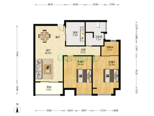 江景国际家园北区 2室1厅1卫 108平方