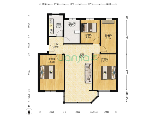 花园中路 4室1厅1卫 98平方