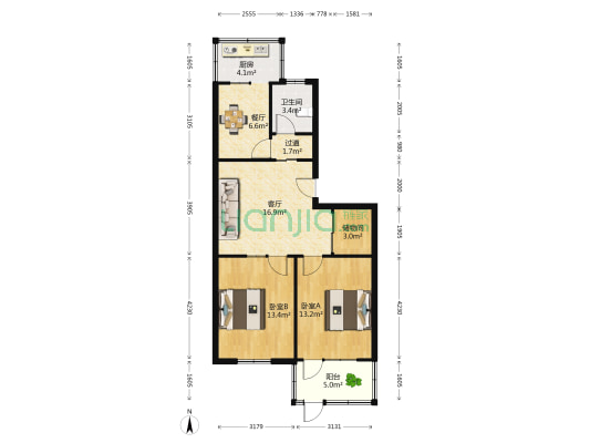 康丽小区 2室2厅1卫 88平方