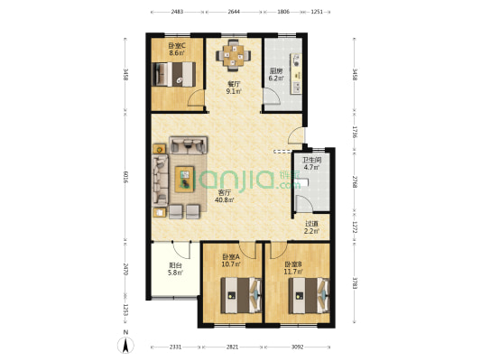 方圆佳苑 3室2厅1卫 120平方