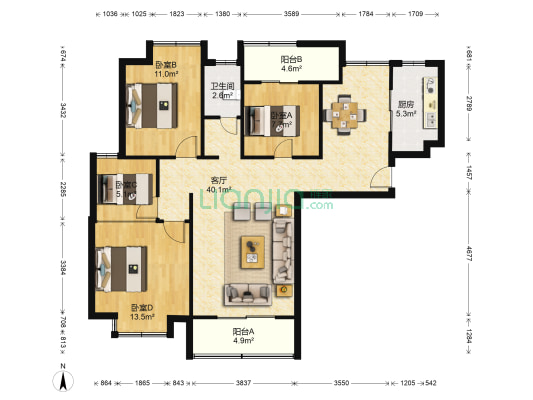 橡树湾 4室1厅1卫 117平方