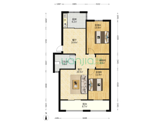 我家山水惠风苑 2室2厅1卫 90平方