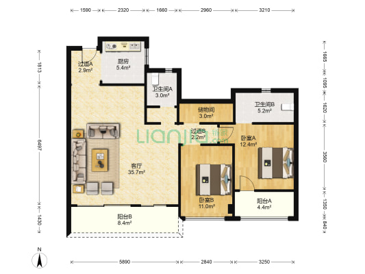水悦花园 2室1厅2卫 117平方
