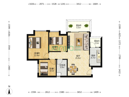 奥园誉峯 3室1厅1卫 82平方