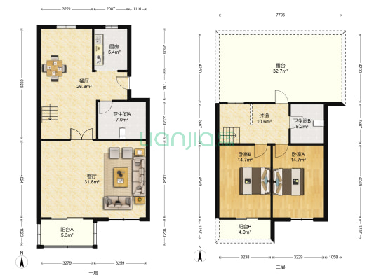 越秀花园 2室2厅2卫 138平方
