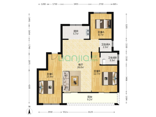 君尊美邸 3室1厅2卫 105平方
